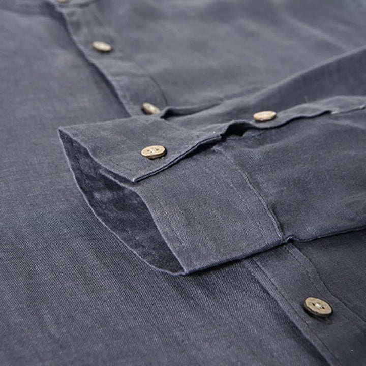 Buddha Stones Spring Casual Mandarin Collar Solid Linen Men's Long Sleeve Shirts With Patch Pocket - image 16