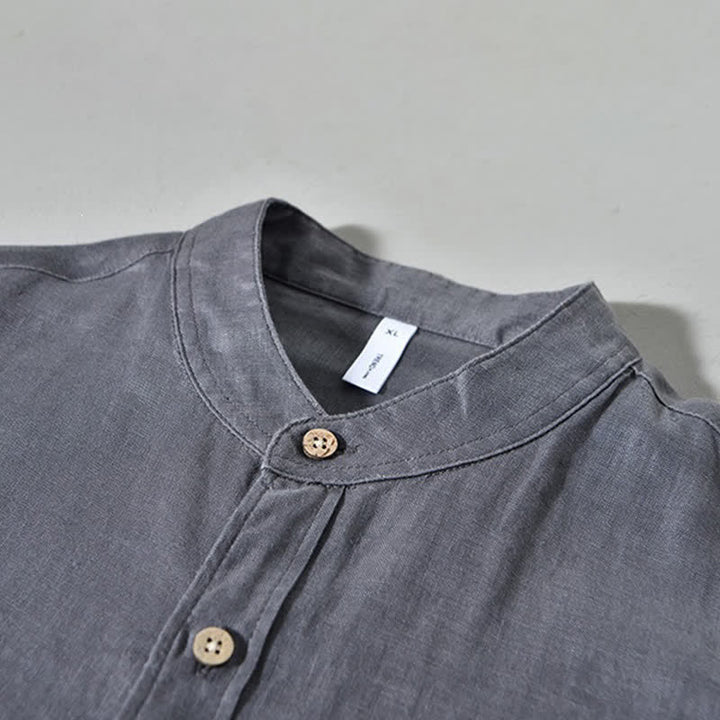 Buddha Stones Spring Casual Mandarin Collar Solid Linen Men's Long Sleeve Shirts With Patch Pocket - image 14