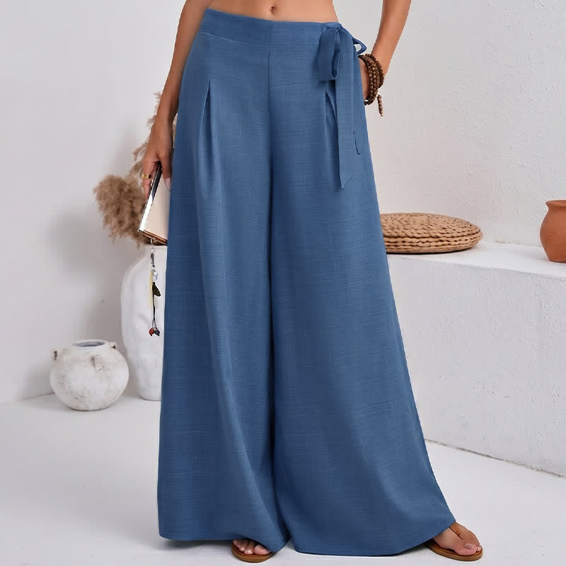 Buddha Stones Spring Casual Retro Plain Drawstring Women's Wide Leg Pants With Pockets - image 1
