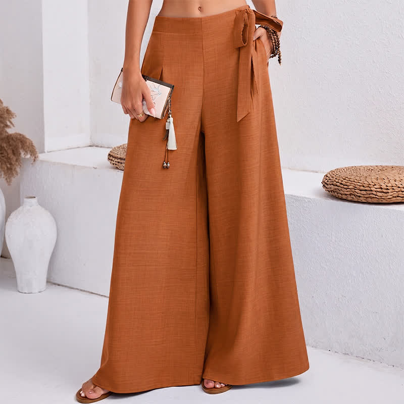 Buddha Stones Spring Casual Retro Plain Drawstring Women's Wide Leg Pants With Pockets - image 12