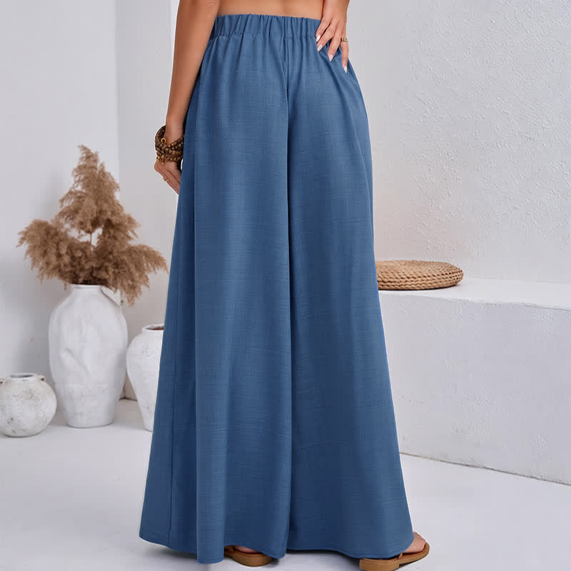 Buddha Stones Spring Casual Retro Plain Drawstring Women's Wide Leg Pants With Pockets - image 4