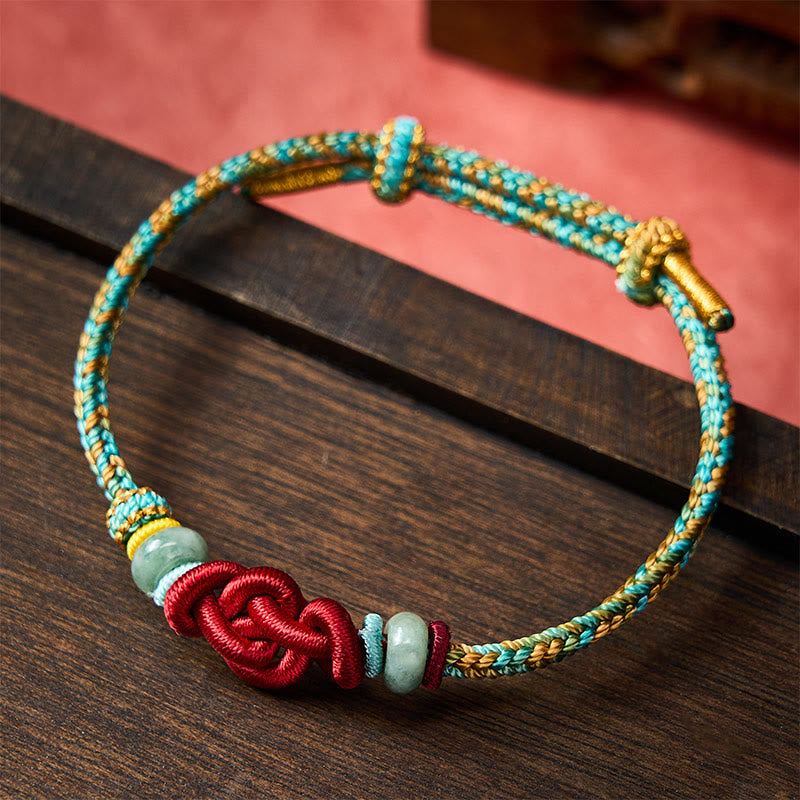 Buddha Stones Handmade Braided Yellow Green Wenchang Knot Jade Luck Adjustable Bracelet - image 1