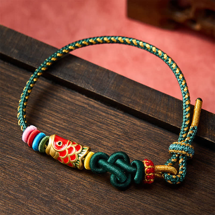 Buddha Stones Hand-Woven Dark Green Yellow String Red Koi Fish Protection Bracelet - image 1