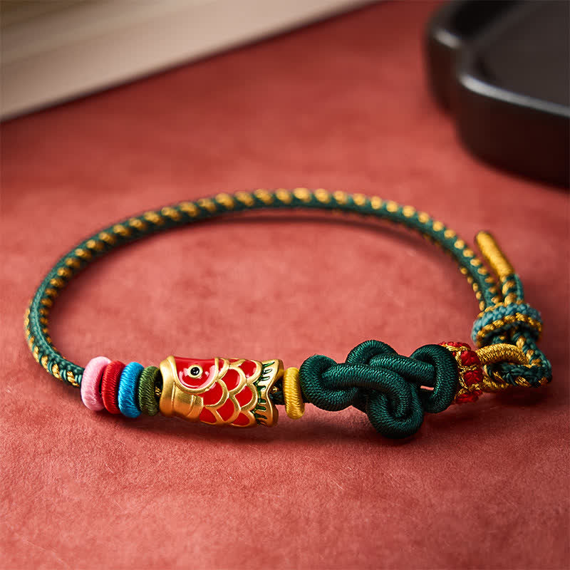 Buddha Stones Hand-Woven Dark Green Yellow String Red Koi Fish Protection Bracelet - image 2
