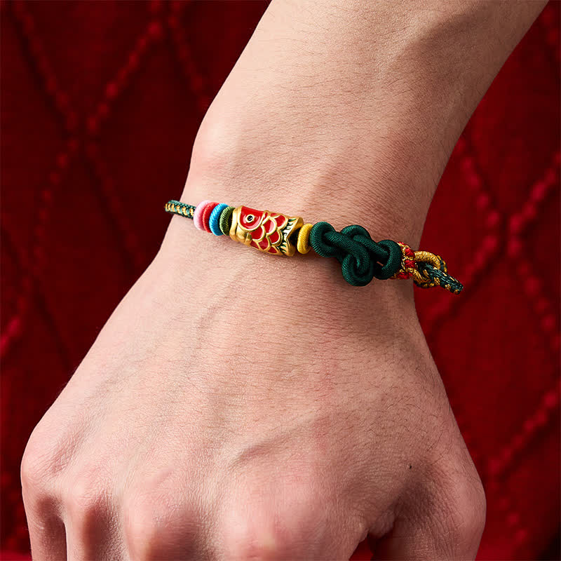 Buddha Stones Hand-Woven Dark Green Yellow String Red Koi Fish Protection Bracelet - image 5