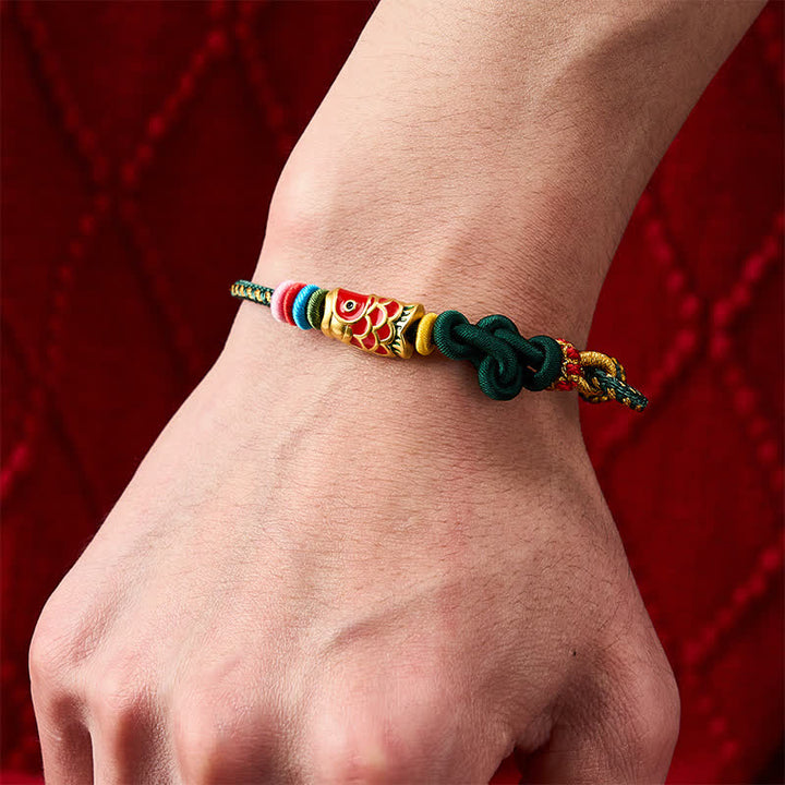 Buddha Stones Hand-Woven Dark Green Yellow String Red Koi Fish Protection Bracelet - image 5