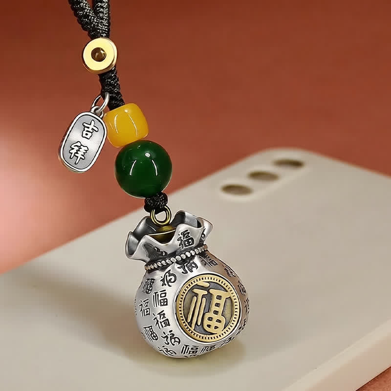 Buddha Stones Copper Fu Character Blessing Fortune Bag Keychains - image 1