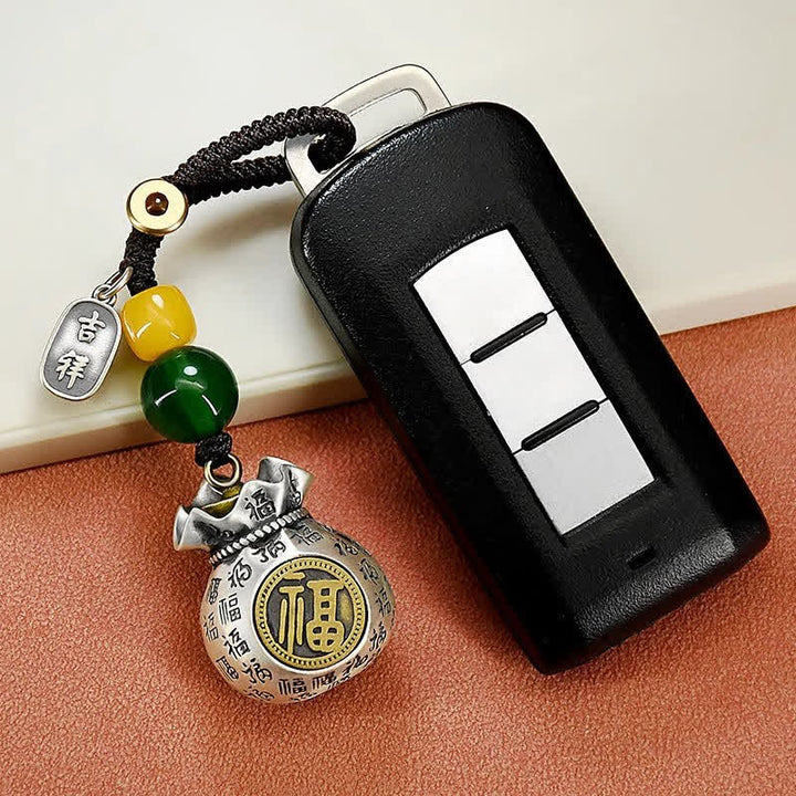 Buddha Stones Copper Fu Character Blessing Fortune Bag Keychains - image 2
