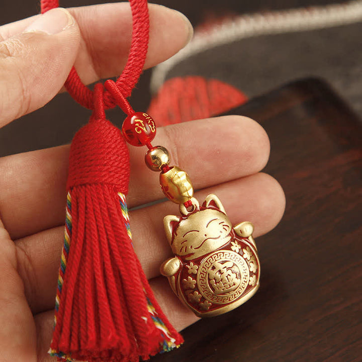 Buddha Stones Brass Hand-Woven Red String Fu Character Blessing Tassel Keychains - Lucky Cat Red Tassel - image 0