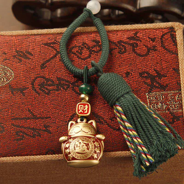 Buddha Stones Brass Hand-Woven Red String Fu Character Blessing Tassel Keychains - Lucky Cat Green Tassel - image 2
