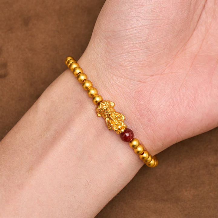 Buddha Stones Gold Plated Copper Red Agate Pi Xiu Wealth Round Bead Bracelet - image 3
