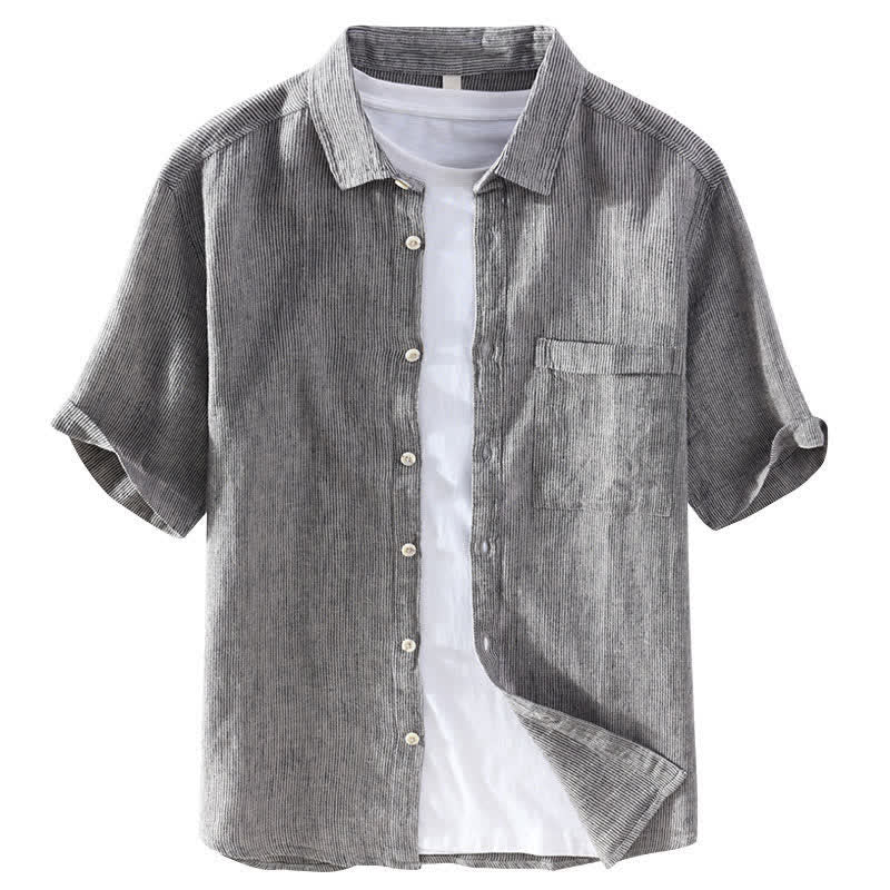 Buddha Stones Summer Casual Solid Striped Linen Men's Short Sleeve Shirts With Patch Pocket - image 9