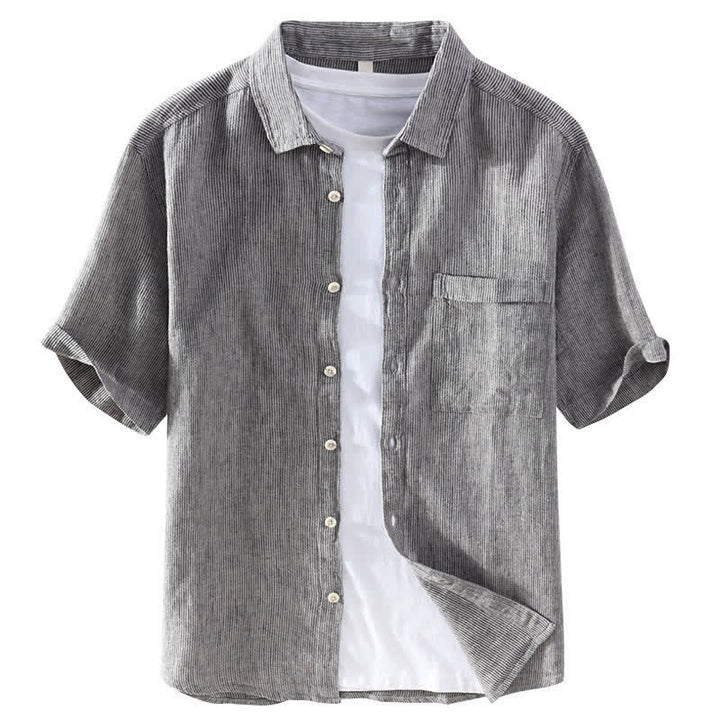 Buddha Stones Summer Casual Solid Striped Linen Men's Short Sleeve Shirts With Patch Pocket - image 9