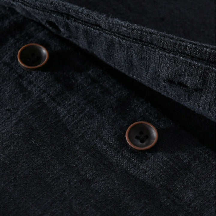 Buddha Stones Spring Casual Mandarin Collar Solid Ramie Men's Long Sleeve Shirts With Pocket - image 11