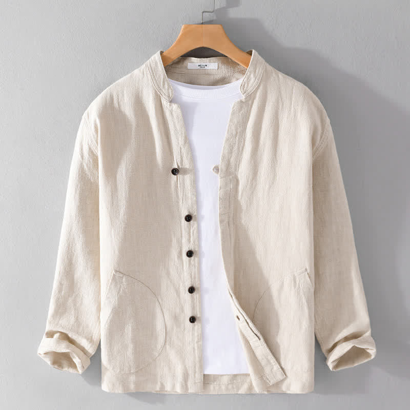 Buddha Stones Spring Casual Mandarin Collar Solid Ramie Men's Long Sleeve Shirts With Pocket - Khaki - US/UK/AU42，EU52 (3XL) - image 0