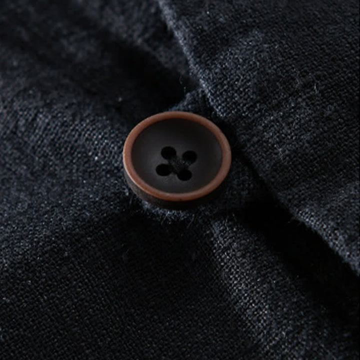 Buddha Stones Spring Casual Mandarin Collar Solid Ramie Men's Long Sleeve Shirts With Pocket - image 12