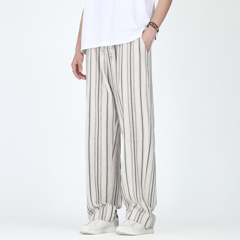 Buddha Stones Spring Summer Casual Vintage Drawstring Vertical Striped Ankle Pants Men's Straight Leg Pants With Pocket - Linen - US/UK/AU46，EU56 (5XL) - image 10