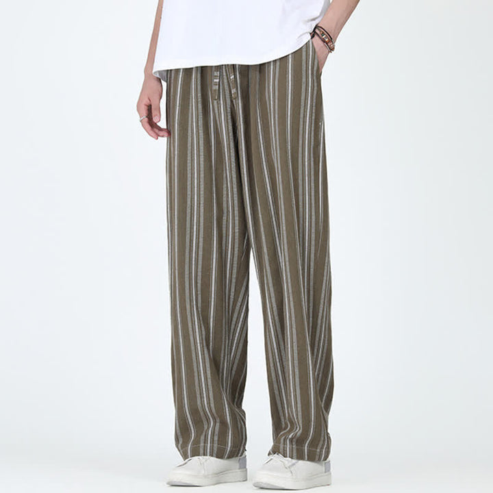 Buddha Stones Spring Summer Casual Vintage Drawstring Vertical Striped Ankle Pants Men's Straight Leg Pants With Pocket - DarkOliveGreen - US/UK/AU46，EU56 (5XL) - image 0