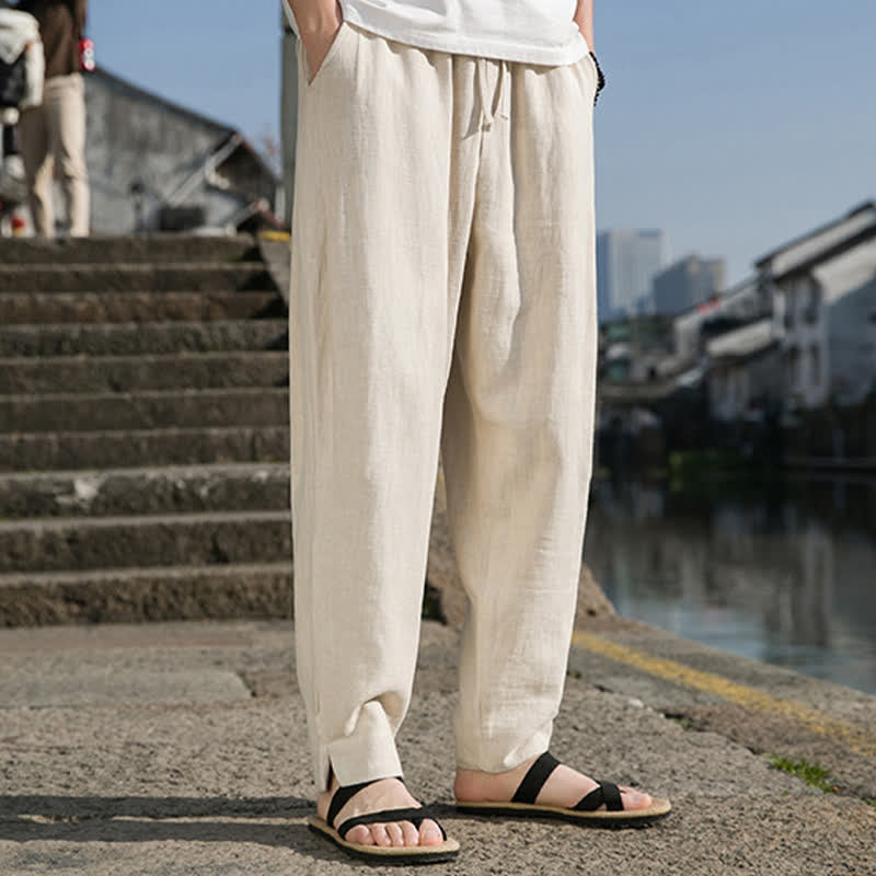 Buddha Stones Spring Summer Casual Minimalist Drawstring Solid Ramie Ankle Pants Men's Harem Pants With Pocket - image 2