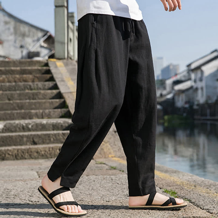 Buddha Stones Spring Summer Casual Minimalist Drawstring Solid Ramie Ankle Pants Men's Harem Pants With Pocket - Black - US/UK/AU44，EU54 (4XL) - image 7