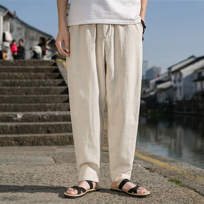 Buddha Stones Spring Summer Casual Minimalist Drawstring Solid Ramie Ankle Pants Men's Harem Pants With Pocket - image 5