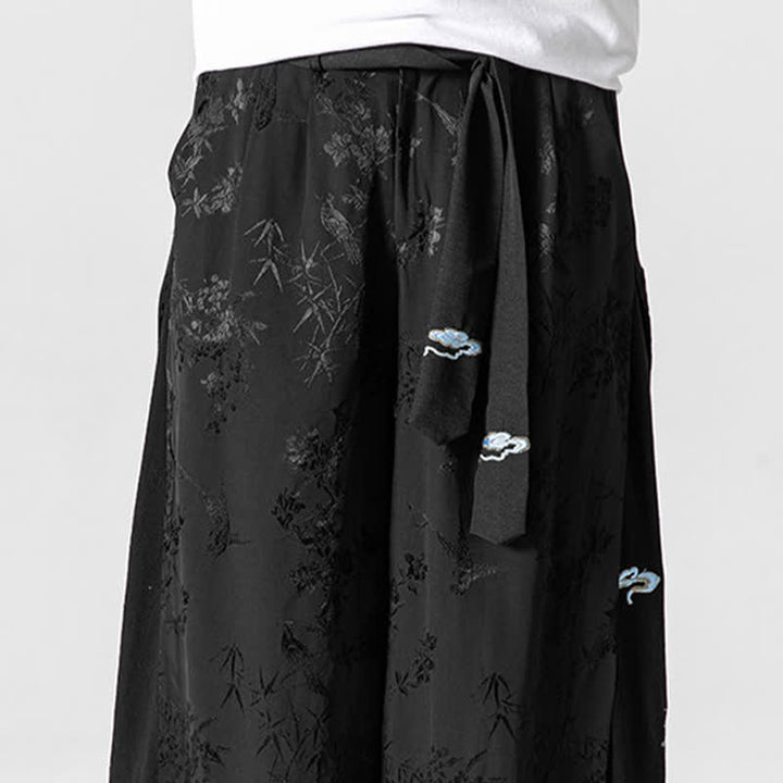 Buddha Stones Spring Summer Tang Style Drawstring Embroidery Abstract Cropped Pants Men's Wide Leg Pants With Pocket - image 9
