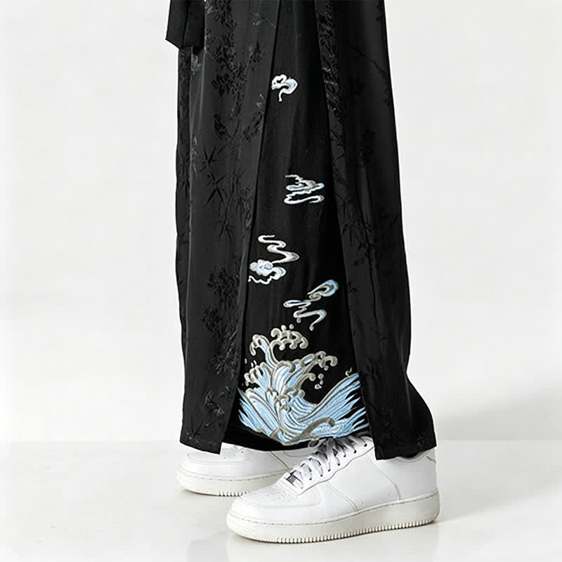 Buddha Stones Spring Summer Tang Style Drawstring Embroidery Abstract Cropped Pants Men's Wide Leg Pants With Pocket - image 11