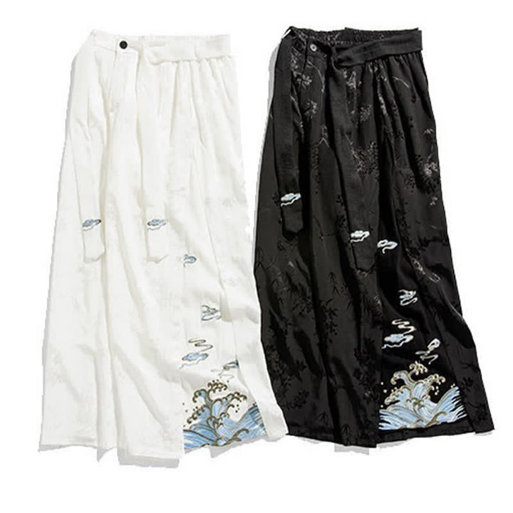 Buddha Stones Spring Summer Tang Style Drawstring Embroidery Abstract Cropped Pants Men's Wide Leg Pants With Pocket - image 21