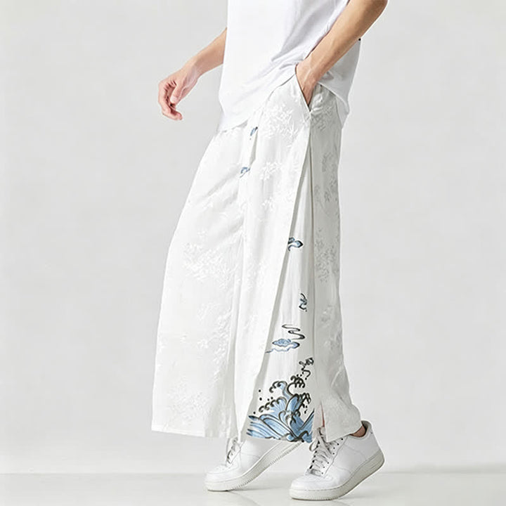 Buddha Stones Spring Summer Tang Style Drawstring Embroidery Abstract Cropped Pants Men's Wide Leg Pants With Pocket - image 18