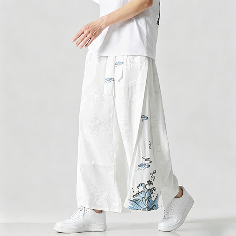Buddha Stones Spring Summer Tang Style Drawstring Embroidery Abstract Cropped Pants Men's Wide Leg Pants With Pocket - image 14