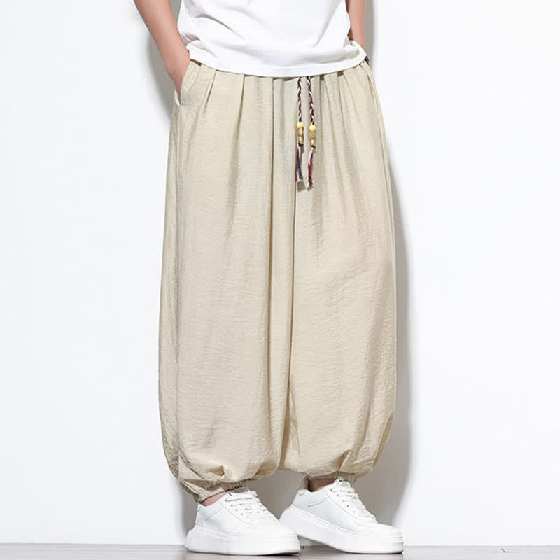 Buddha Stones Summer Casual Boho Drawstring Solid Cropped Pants Men's Harem Pants With Pocket - image 7