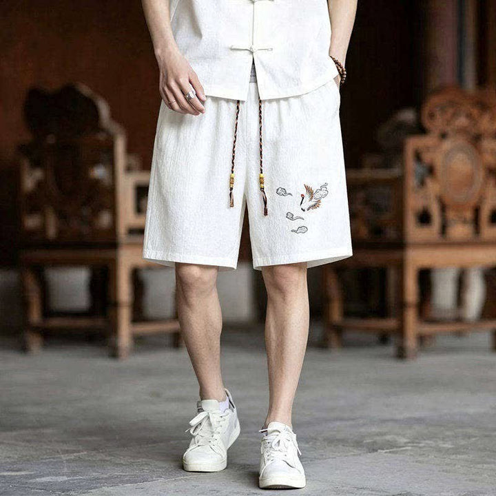 Buddha Stones 2Pcs Summer Tang Style Meditation Embroidery Crane Short Sleeve Shirt Shorts Men's Meditation Cloth With Pockets - image 11