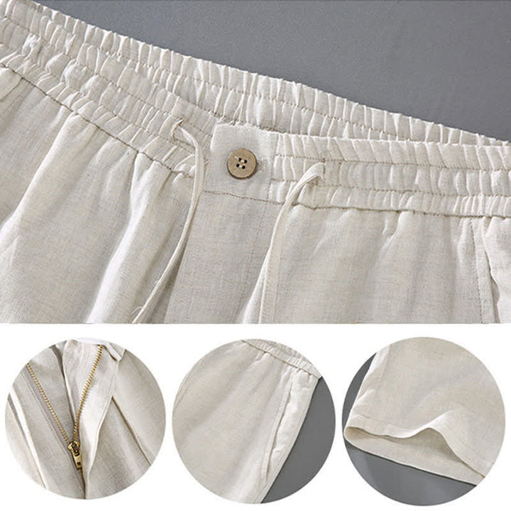 Buddha Stones 2Pcs Summer Tang Style Meditation Mandarin Collar Button-Up Solid Linen Short Sleeve Shirt Pants Men's Meditation Cloth With Pocket - image 3