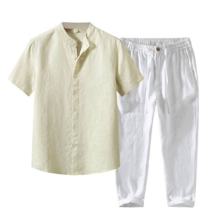 Buddha Stones 2Pcs Summer Tang Style Meditation Mandarin Collar Button-Up Solid Linen Short Sleeve Shirt Pants Men's Meditation Cloth With Pocket - image 18