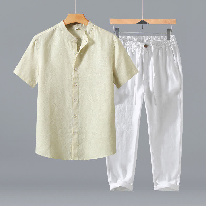 Buddha Stones 2Pcs Summer Tang Style Meditation Mandarin Collar Button-Up Solid Linen Short Sleeve Shirt Pants Men's Meditation Cloth With Pocket - Beige Shirt+White Pants - US/UK/AU42，EU52 (3XL) - image 17