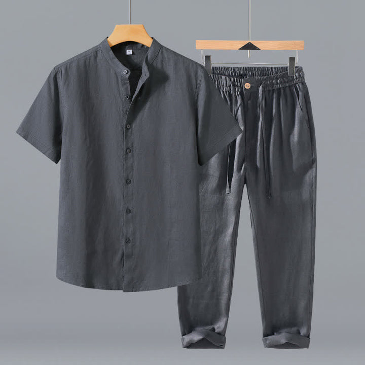 Buddha Stones 2Pcs Summer Tang Style Meditation Mandarin Collar Button-Up Solid Linen Short Sleeve Shirt Pants Men's Meditation Cloth With Pocket - Gray Shirt+Pants - US/UK/AU42，EU52 (3XL) - image 0