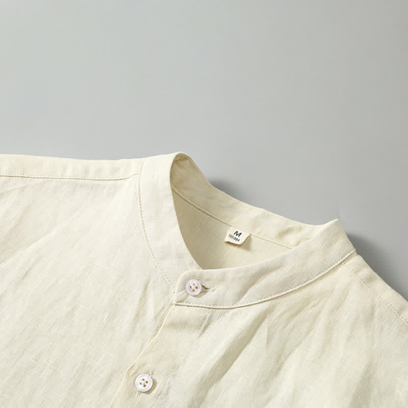 Buddha Stones 2Pcs Summer Mandarin Collar Button-Up Solid Linen Short Sleeve Shirt Shorts Men's Meditation Cloth With Pocket - image 13