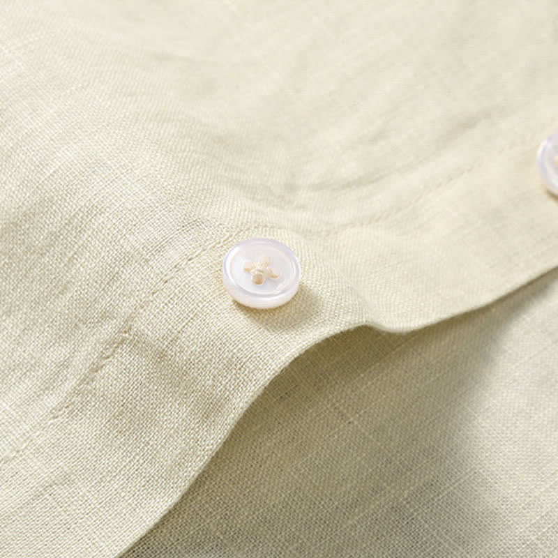 Buddha Stones 2Pcs Summer Mandarin Collar Button-Up Solid Linen Short Sleeve Shirt Shorts Men's Meditation Cloth With Pocket - image 14