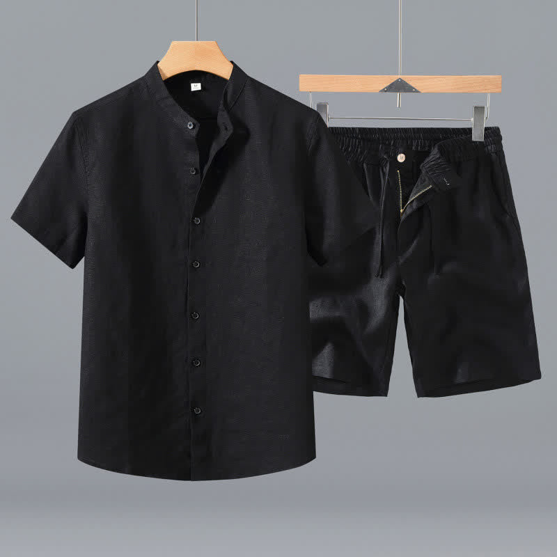 Buddha Stones 2Pcs Summer Mandarin Collar Button-Up Solid Linen Short Sleeve Shirt Shorts Men's Meditation Cloth With Pocket - Black Shirt+Shorts - US/UK/AU42，EU52 (3XL) - image 8