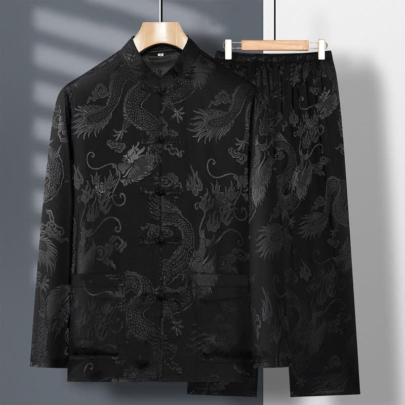 Buddha Stones 2Pcs Tang Suit Dragon Frog-Button Men's Long Sleeve Shirt Pants Clothing Set - Black - US/UK/AU42，EU52 (3XL) - image 17