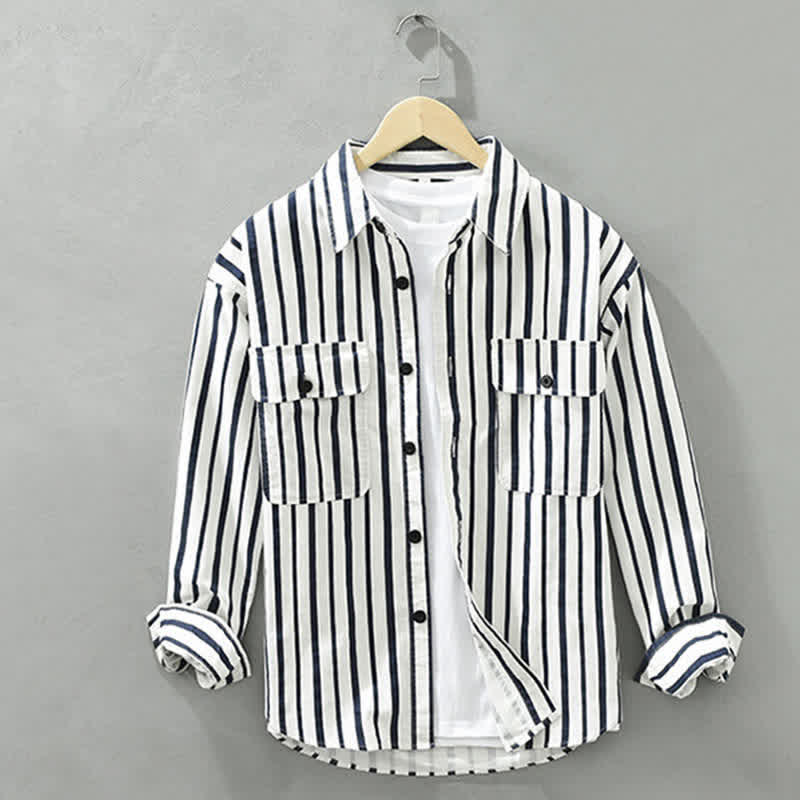 Buddha Stones Spring Casual Classic Button-Up Striped Men's Long Sleeve Shirts With Pocket - White - US/UK/AU42，EU52 (3XL) - image 0
