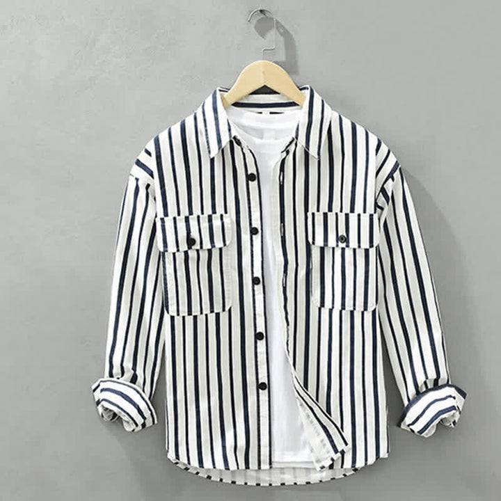 Buddha Stones Spring Casual Classic Button-Up Striped Men's Long Sleeve Shirts With Pocket - White - US/UK/AU42，EU52 (3XL) - image 0
