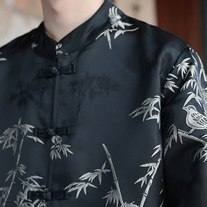 Buddha Stones Fall Winter Tang Style Vintage Mandarin Collar Crane Print Men's Jackets With Pocket - image 16