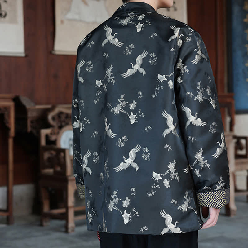 Buddha Stones Fall Winter Tang Style Vintage Mandarin Collar Crane Print Men's Jackets With Pocket - image 6