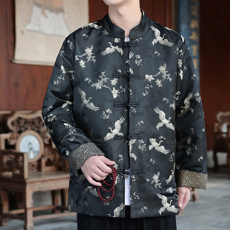 Buddha Stones Fall Winter Tang Style Vintage Mandarin Collar Crane Print Men's Jackets With Pocket - image 1