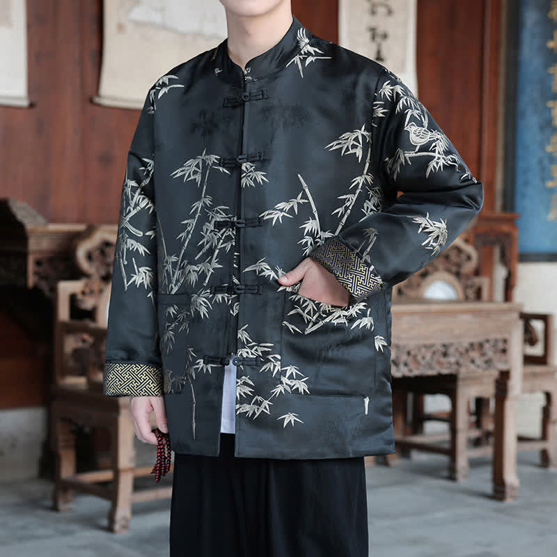 Buddha Stones Fall Winter Tang Style Vintage Mandarin Collar Crane Print Men's Jackets With Pocket - image 12