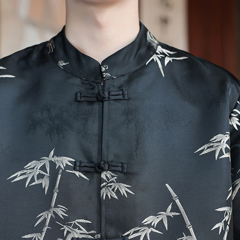 Buddha Stones Fall Winter Tang Style Vintage Mandarin Collar Crane Print Men's Jackets With Pocket - image 15