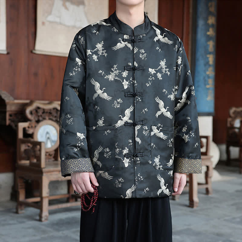 Buddha Stones Fall Winter Tang Style Vintage Mandarin Collar Crane Print Men's Jackets With Pocket - image 2