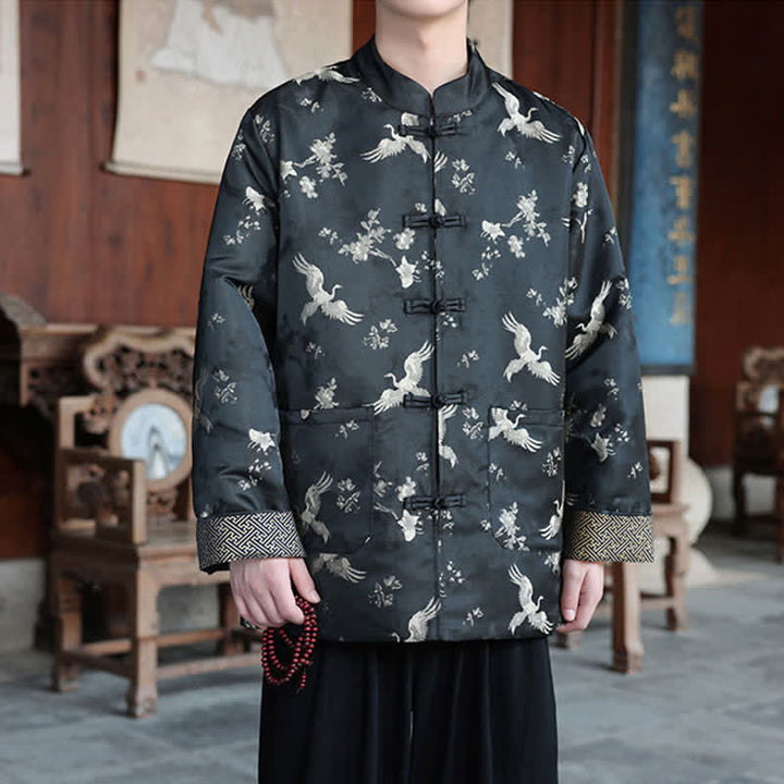 Buddha Stones Fall Winter Tang Style Vintage Mandarin Collar Crane Print Men's Jackets With Pocket - image 2