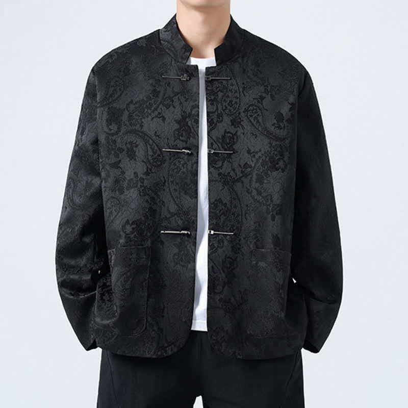 Buddha Stones Fall Winter Tang Style Vintage Mandarin Collar Frog Button Floral Men's Jackets With Pocket - Black - US/UK/AU46，EU56 (5XL) - image 0